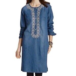 J. Jill Dress Womens Medium Missy Blue  Chambray Embroidered Shift Boho Western